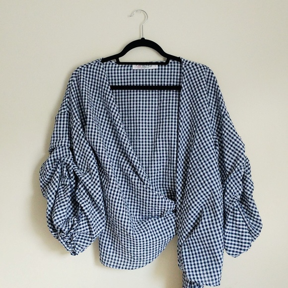 Ms. Bling Tops - Plaid Wrap with Balloon Sleeves